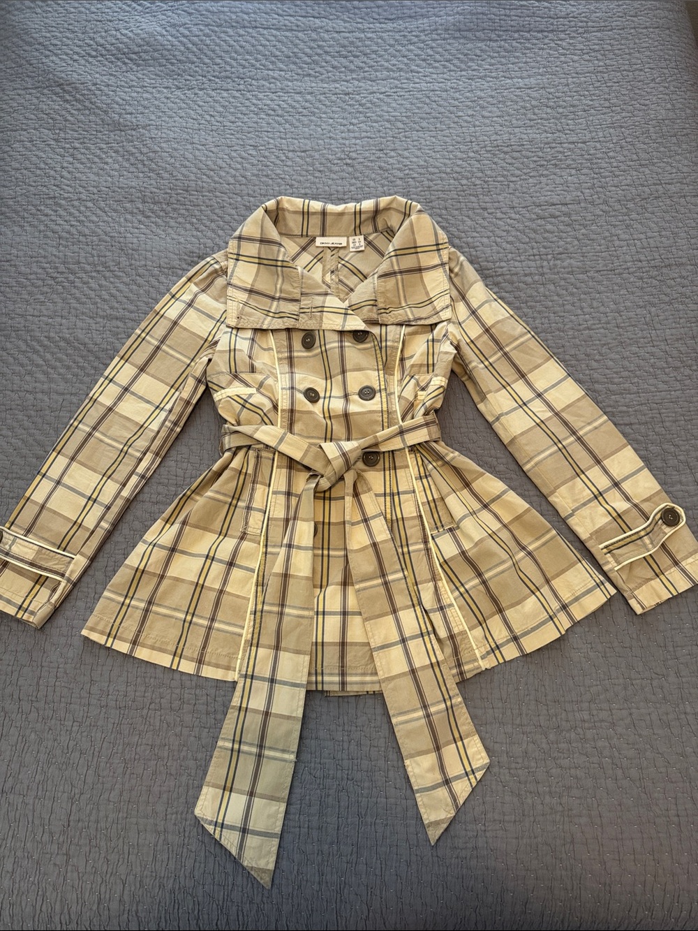 DKNY Plaid Belted Trench Coat